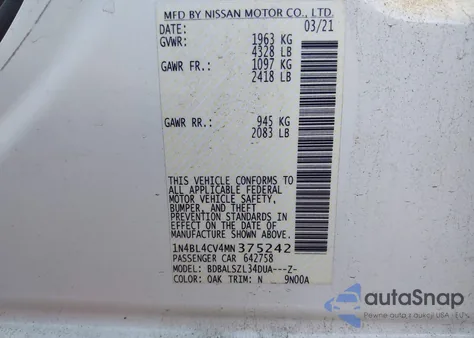 2021 Nissan Altima Sr Fwd z USA, uszkodzony, nr VIN 1N4BL4CV4MN375242